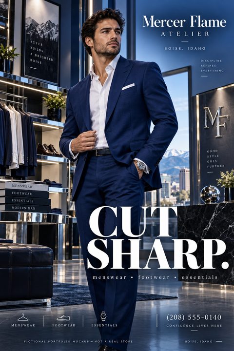A flyer for a menswear store featuring a man in a sharp blue suit standing in a modern boutique. Large white text reads 'CUT SHARP.'