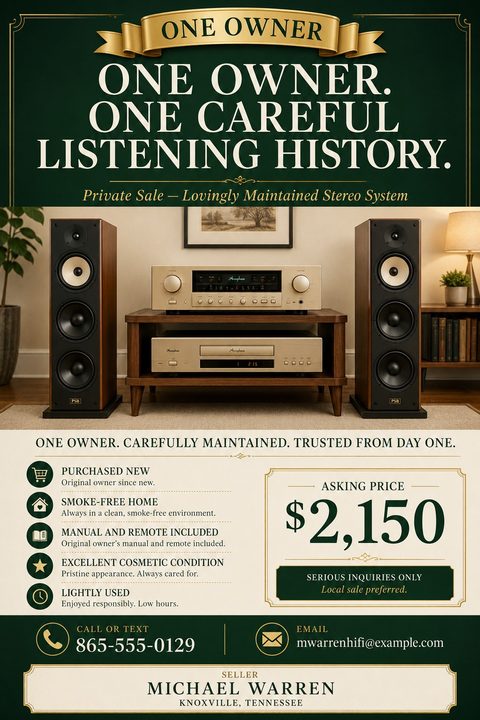 Elegant private sale flyer with a dark green header and footer, cream background, and gold accents. Features a large photo of a premium stereo system, bullet points for condition, asking price, and contact information.