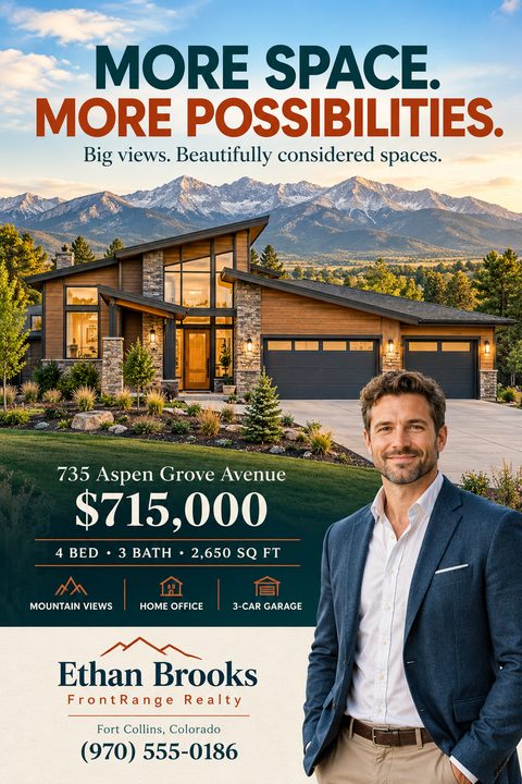 Real estate flyer featuring a modern house with a mountain backdrop. A smiling male agent stands in the foreground. Text includes property details, price, and contact information over a cream and teal background.