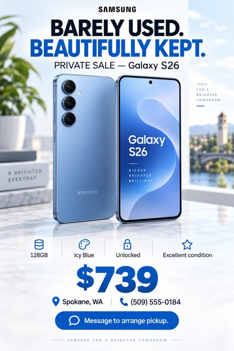 A flyer advertising a used smartphone for sale. It features two blue smartphones, one showing the back and one showing the screen, sitting on a marble surface. The text reads 'Barely Used. Beautifully Kept. Private Sale' with specs like 128GB, Icy.