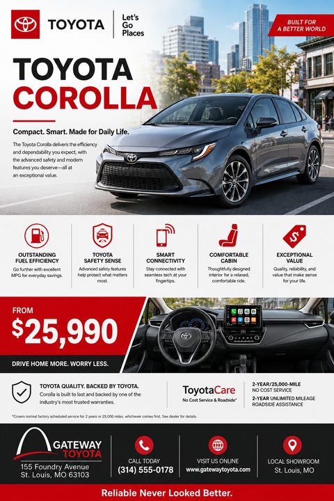 A car sales flyer featuring a grey sedan parked on a city street, with an interior shot below. The flyer has a white background with red accents, highlighting key features, price, and dealership contact details.