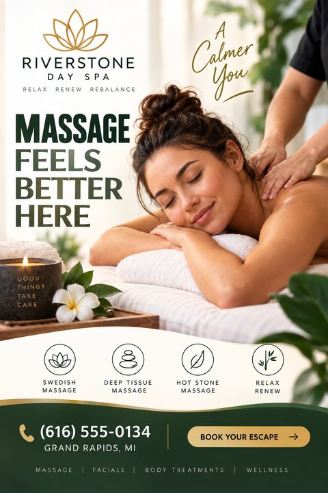 Flyer for a day spa featuring a woman receiving a back massage. Text reads 'Massage feels better here' and 'A calmer you'. Includes icons for Swedish, Deep Tissue, and Hot Stone massage, plus contact info.
