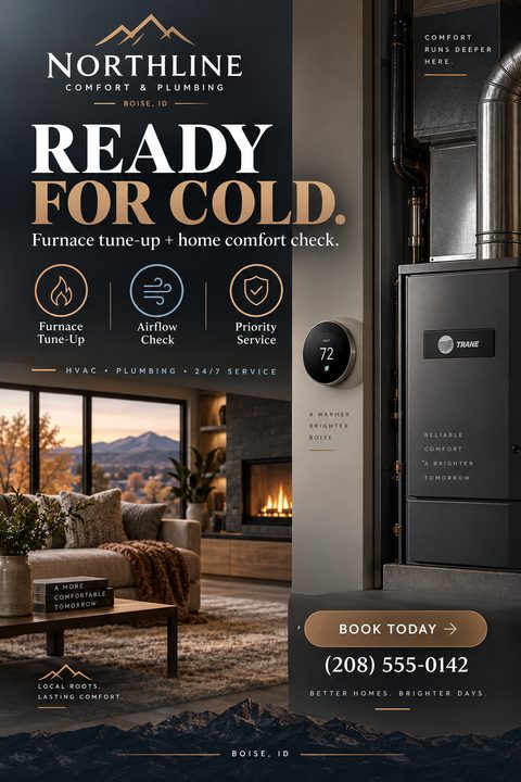 A premium HVAC service flyer featuring a dark background with gold text, a cozy living room with a fireplace, and a modern furnace unit with a smart thermostat.