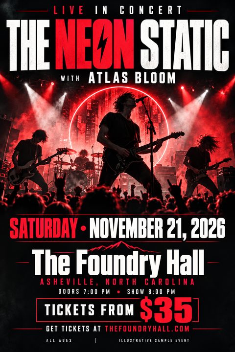 A concert flyer featuring a live rock band performing on stage bathed in red light, with a cheering crowd below. Bold white and red text displays the band name, date, venue, and ticket price.