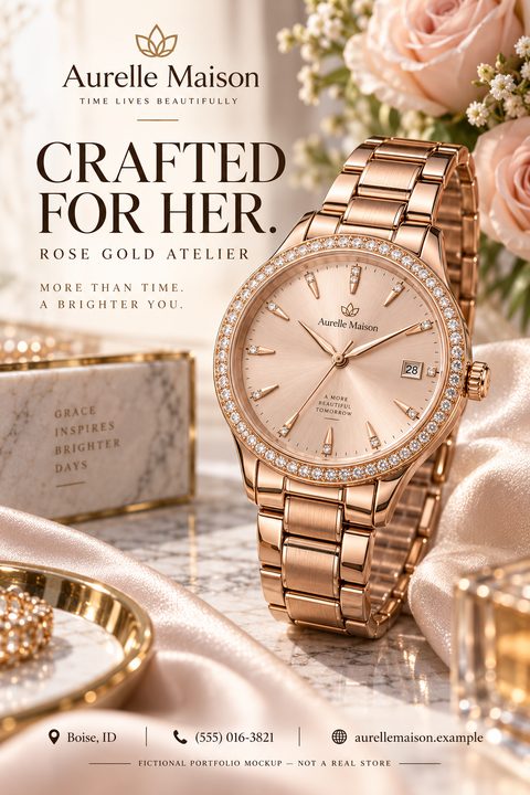 A flyer for a jewelry store featuring a large, detailed photo of a rose gold women's watch with a diamond bezel, resting on a marble surface with silk fabric and roses in the background. Text reads 'Crafted For Her. Rose Gold Atelier.'
