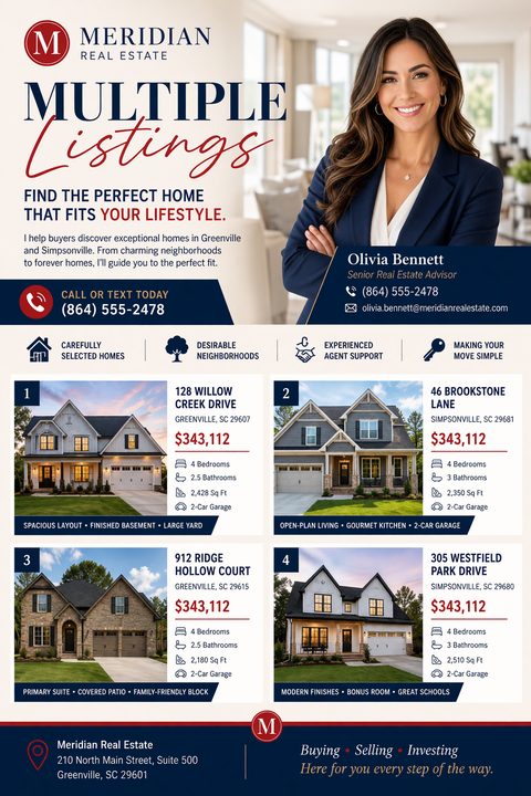 Real estate flyer template titled 'Multiple Listings'. Top half features a large photo of a female real estate agent next to her contact info and a short bio. Bottom half displays a grid of four different houses for sale, each with a photo, address.