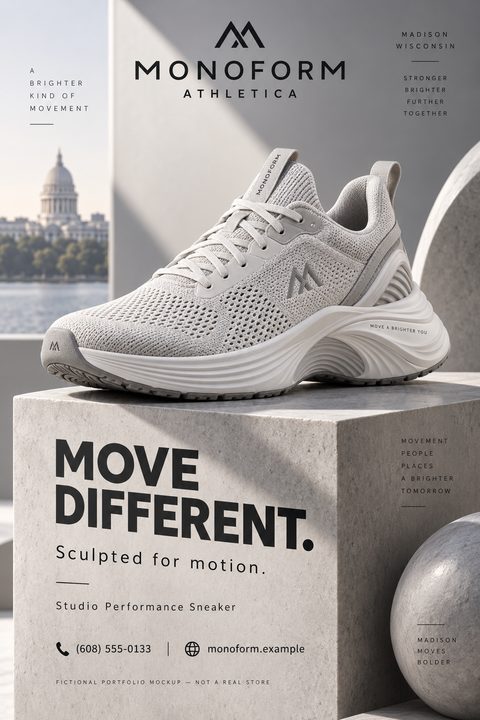A minimalist flyer featuring a light grey athletic sneaker resting on a concrete block. The text reads 'Monoform Athletica' and 'Move Different. Sculpted for motion.' with a city skyline in the background.
