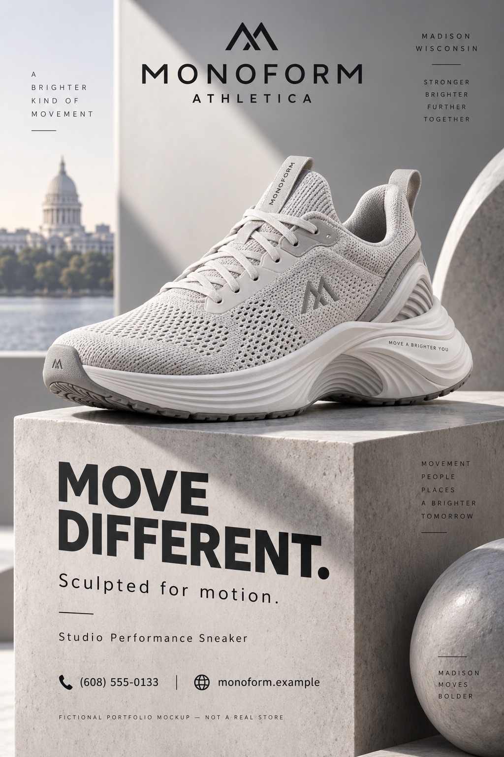 A minimalist flyer featuring a light grey athletic sneaker resting on a concrete block. The text reads 'Monoform Athletica' and 'Move Different. Sculpted for motion.' with a city skyline in the background.