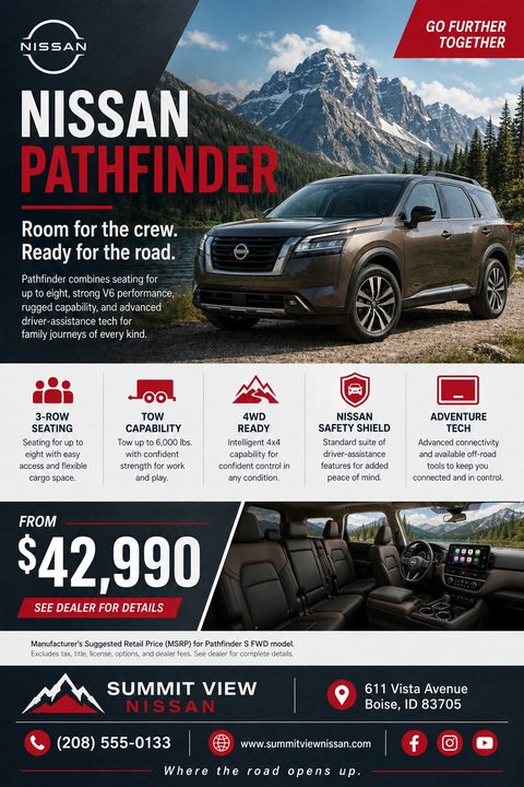 Car dealership flyer template featuring a brown SUV parked in front of a mountain lake. Below are five icons highlighting features like 3-row seating and tow capability. The bottom section shows a price of $42,990 and dealership contact information.