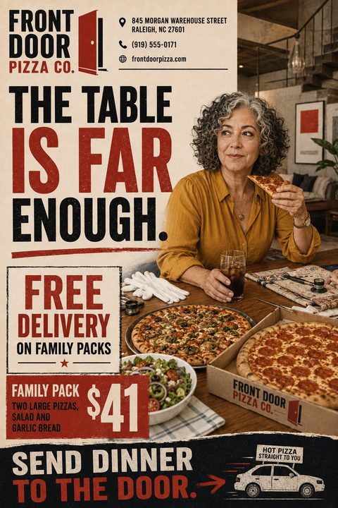 Vintage-style pizza delivery flyer with distressed typography. A woman eats pizza at a table with two large pizzas, salad, and a drink. Text reads 'The table is far enough. Free delivery on family packs. Family pack $41. Send dinner to the door.'