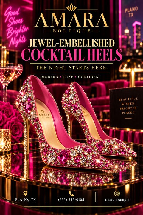 A glamorous flyer for a shoe boutique featuring a pair of bright pink, jewel-embellished high heels sitting on a reflective gold surface. The background is a luxurious, dimly lit lounge with pink velvet seating. Text reads 'Amara Boutique.