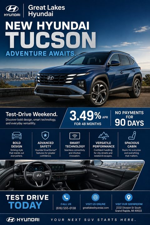 Car dealership flyer template featuring a blue SUV parked overlooking a city, with text promoting a test-drive weekend, financing offers, and key vehicle features, plus an interior dashboard photo.