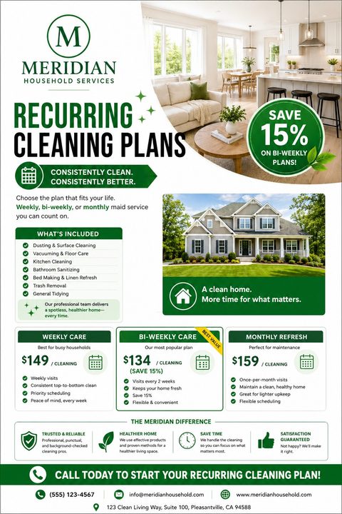 A green and white house cleaning flyer featuring photos of a pristine living room and suburban home exterior, alongside structured pricing tiers for weekly, bi-weekly, and monthly maid services.