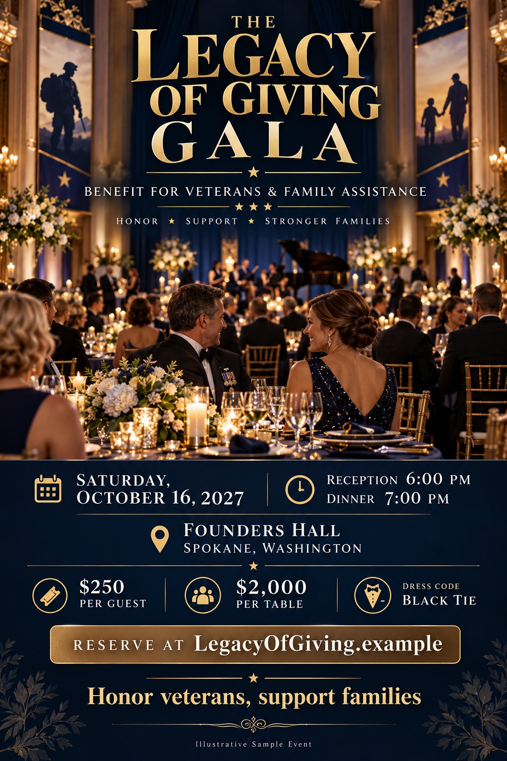 A formal gala fundraising flyer featuring a photo of guests at a candlelit dinner. The design uses a navy blue background with elegant gold typography and icons for event details.
