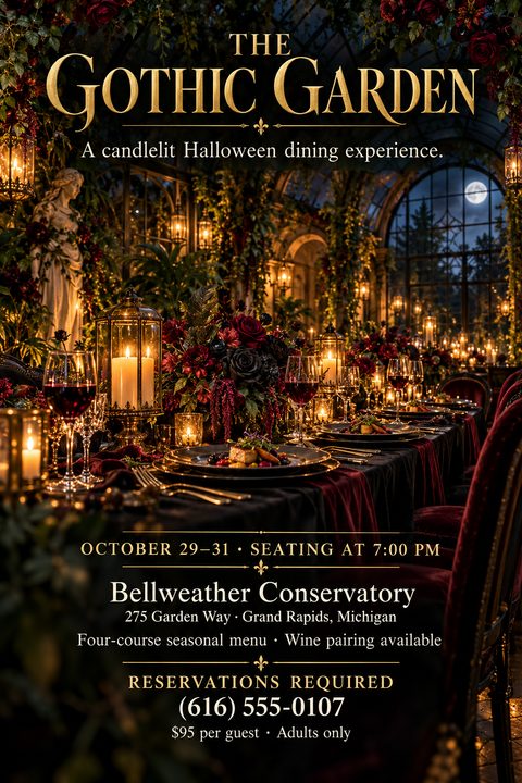 A gothic-themed flyer for a Halloween dining experience. The background shows a lavish, candlelit banquet table in a dark conservatory with red roses, black velvet, and a full moon outside.