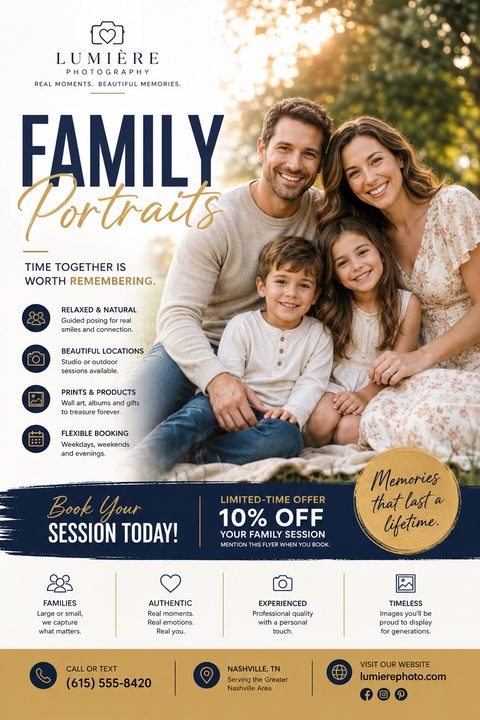 Flyer for family portraits featuring a smiling family of four sitting on a blanket outdoors. Text includes 'Family Portraits', service details, and a 10% off offer. Colors are navy, gold, and white.