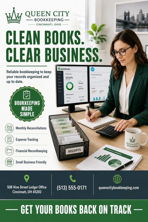 Flyer for Queen City Bookkeeping with a woman working at a desk with dual monitors showing financial software, a calculator, and receipts. Text reads 'Clean Books. Clear Business.' and lists services like monthly reconciliations and expense tracking.
