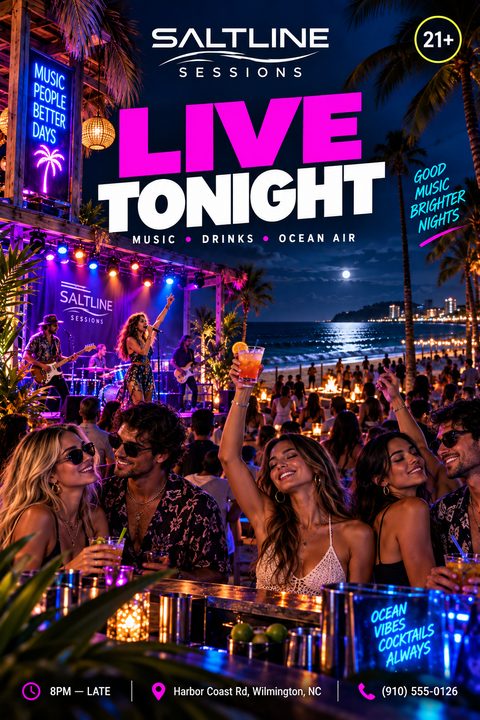 Flyer for a live music event featuring a vibrant beach party scene at night with a band playing on stage, people dancing, and neon text overlays.