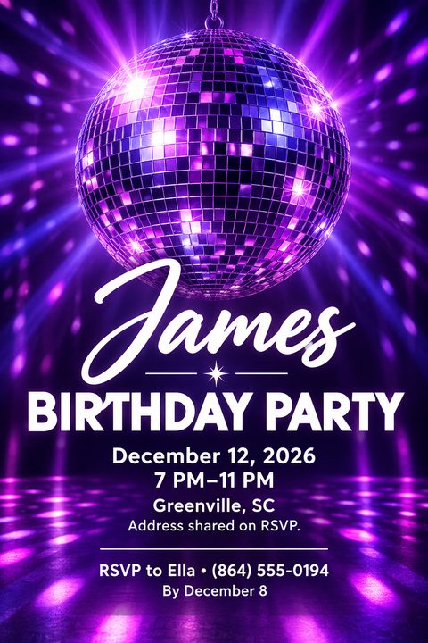 A vibrant purple birthday party flyer featuring a large, glowing disco ball radiating light over a reflective dance floor. Bold white text displays the event details and RSVP information.