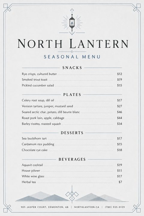 A minimalist restaurant menu flyer with a light gray background, featuring a lantern illustration at the top, elegant typography for sections like Snacks, Plates, Desserts, and Beverages, and subtle geometric mountain shapes at the bottom.