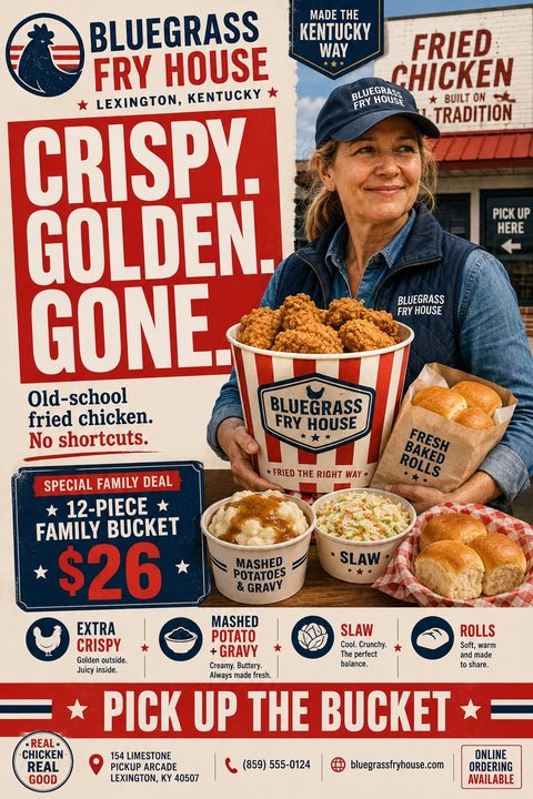 Flyer for Bluegrass Fry House featuring a woman holding a bucket of fried chicken and a bag of rolls, with mashed potatoes and coleslaw on a table. Text reads 'Crispy. Golden. Gone.' and advertises a 12-piece family bucket for $26.