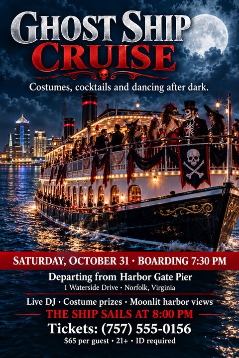 A Halloween flyer showing a large, illuminated riverboat at night filled with people in costumes. A full moon shines above. Text reads Ghost Ship Cruise with event details below.