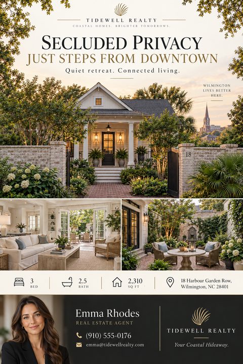 Elegant real estate flyer featuring a large exterior home photo at sunset, two smaller interior and patio photos, property icons for beds and baths, and a dark footer with agent headshot and contact details.