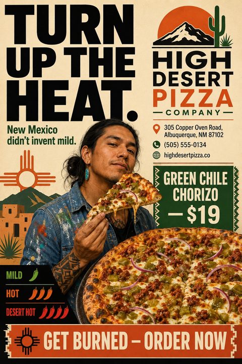A Southwestern-themed pizza flyer featuring a man holding a slice of green chile and chorizo pizza, a whole pizza, desert illustrations, and a spice level chart.