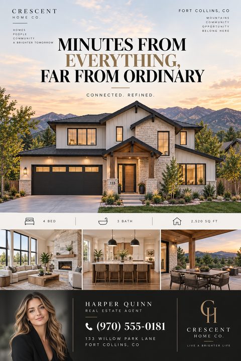 Elegant real estate flyer featuring a large sunset exterior photo of a modern home, three smaller interior and patio photos, property details, and a black footer with agent headshot and contact information.