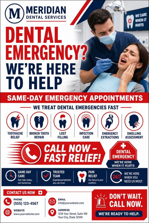 Emergency dental flyer template with a photo of a dentist examining a patient in pain, featuring red and navy text highlighting same-day emergency appointments and icons for various dental issues.