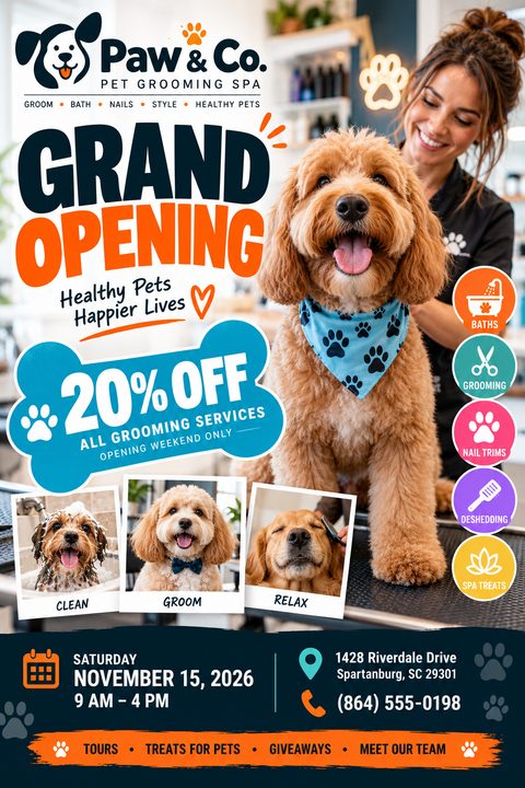 A pet grooming grand opening flyer featuring a smiling groomer with a fluffy dog. It includes a blue bone-shaped discount badge, colorful service icons, and three small polaroid-style photos of dogs being pampered.