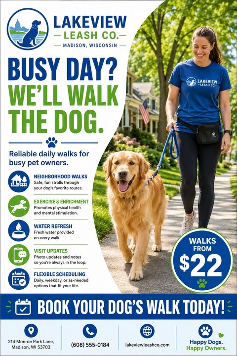 Dog walking flyer template with a photo of a woman walking a golden retriever. Text reads 'Busy day? We'll walk the dog.' Includes icons for neighborhood walks, exercise, water refresh, visit updates, and flexible scheduling. Blue and green color.