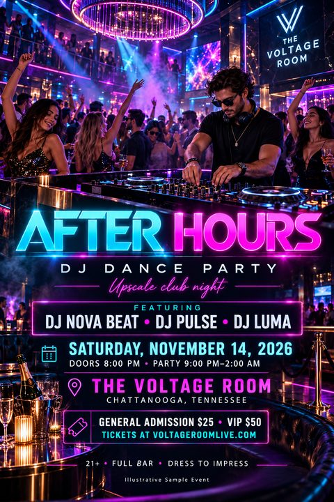 A vibrant nightclub flyer featuring a DJ mixing music in front of a dancing crowd. The design uses bright neon blue and pink text with glowing borders over a dark background.