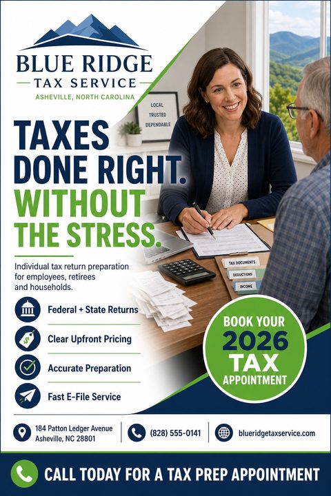Tax preparation flyer template with a diagonal split. The left side has a white background with a logo, headline 'Taxes Done Right. Without the Stress.', and a list of services. The right side shows a photo of a tax professional meeting with a.