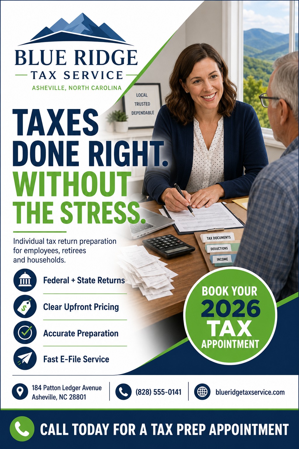Tax preparation flyer template with a diagonal split. The left side has a white background with a logo, headline 'Taxes Done Right. Without the Stress.', and a list of services. The right side shows a photo of a tax professional meeting with a.