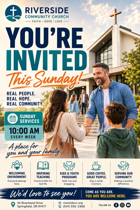 A church invitation flyer featuring a photo of people shaking hands outside a modern church. It includes bold navy and teal text, an orange script accent, and icons highlighting church amenities.