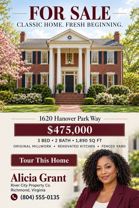 Real estate flyer template with a large photo of a classic brick house with white columns. Text reads 'For Sale', 'Classic Home. Fresh Beginning.', address, price, property details, and agent contact information with a headshot.
