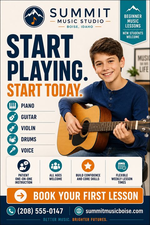 Flyer for music lessons featuring a smiling boy playing an acoustic guitar. Text reads 'Start Playing. Start Today.' with icons for piano, guitar, violin, drums, and voice. Includes a 'Book Your First Lesson' button and contact info.