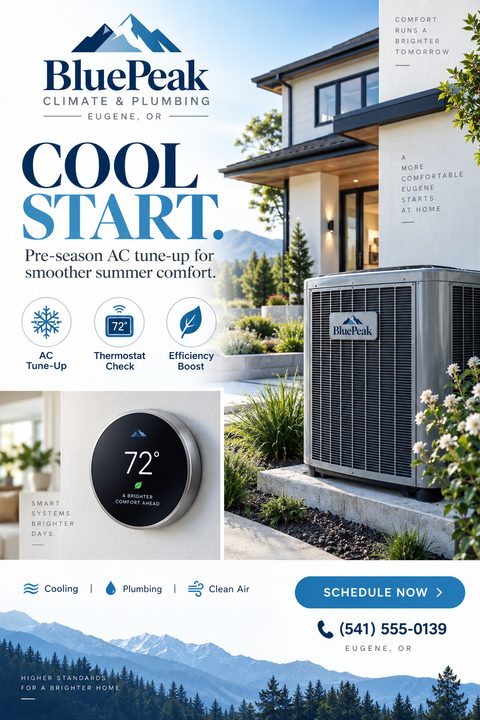 A flyer for BluePeak Climate & Plumbing advertising a 'Cool Start' pre-season AC tune-up. It features photos of an outdoor AC unit next to a modern house and a smart thermostat on a wall.