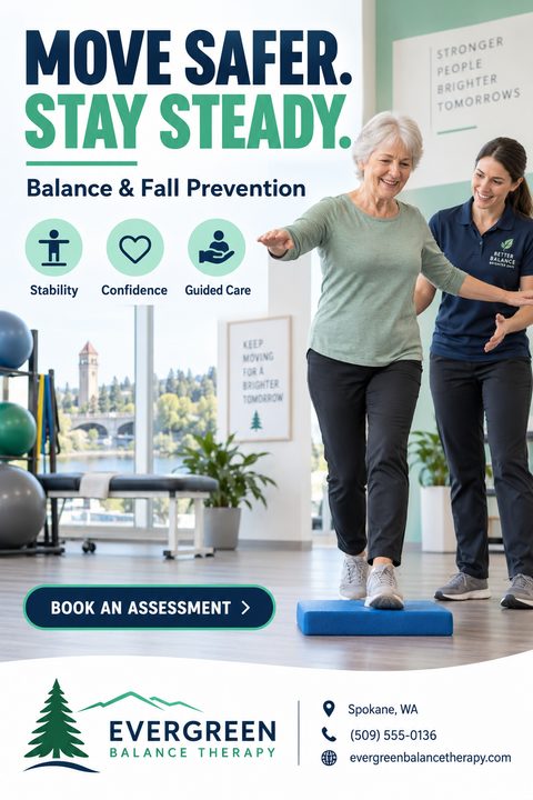 A physical therapy flyer featuring a therapist helping an older woman balance on a blue pad. It includes bold navy and teal text, service icons, and a curved white footer.
