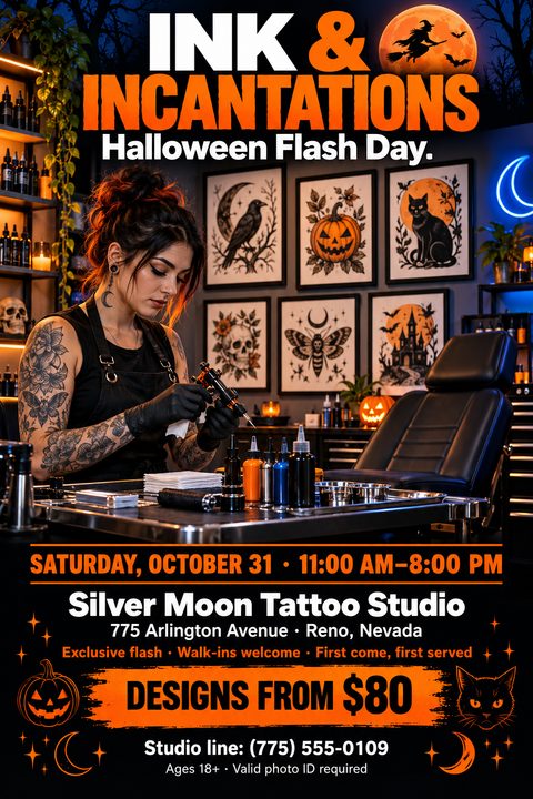 A Halloween tattoo flash day flyer featuring a female tattoo artist preparing her machine in a studio decorated with spooky flash art. The design uses bold orange text on a dark background.
