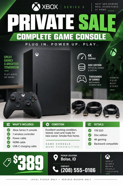 A flyer advertising a private sale for a complete game console. It features a large photo of a black console, controller, and cables. Text highlights features like 4K gaming and includes sections for what's included, condition, details, price, and.