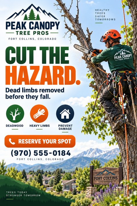 A tree service flyer featuring a photo of an arborist using a chainsaw high in a tree. It includes bold orange and green text, service icons, and a prominent call-to-action button.