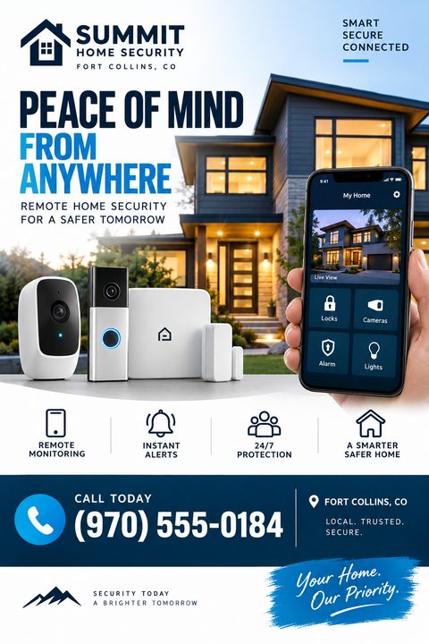A modern home security flyer featuring a dusk photo of a house, smart security devices, and a hand holding a smartphone displaying a security app, with blue text and feature icons.