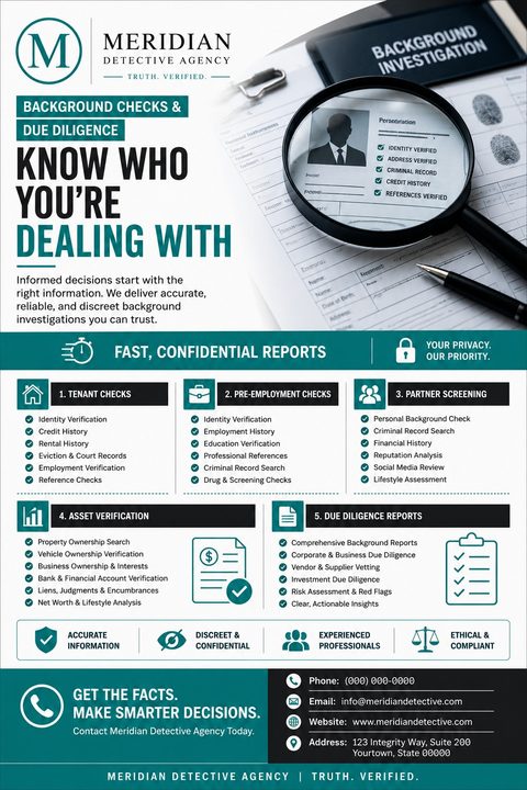 Flyer for Meridian Detective Agency offering background checks and due diligence. Features a magnifying glass over a document and lists services like tenant checks and asset verification.
