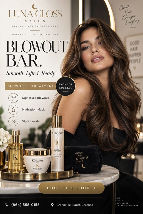 Elegant hair salon flyer featuring a woman with voluminous hair, gold typography, and a tray of premium haircare products. Includes a service list for a blowout package and a booking button.