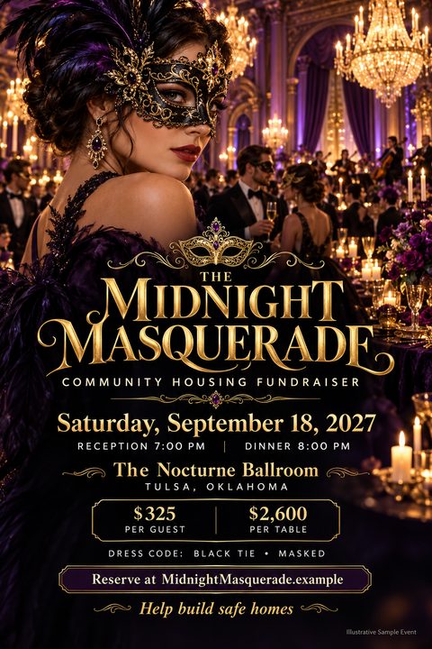 A luxurious flyer for a masquerade fundraiser featuring a woman in a black and gold mask. The background shows an elegant ballroom with chandeliers. Text is in ornate gold typography.