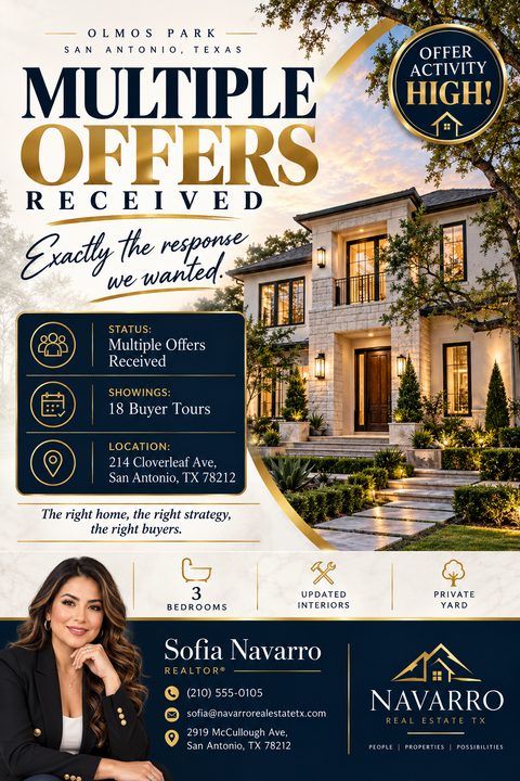 Real estate flyer with a large photo of a luxury home at twilight. Text reads 'Multiple Offers Received'. Features a navy blue and gold color scheme, property details, and a realtor's headshot and contact information.