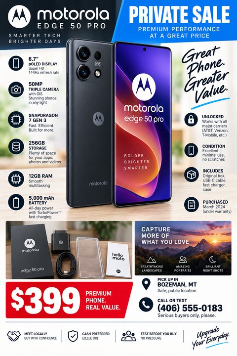 A detailed flyer for selling a smartphone, featuring large product images, a list of technical specifications with icons, photos of included accessories, a landscape photo demonstrating camera quality, a large price tag, and contact information.