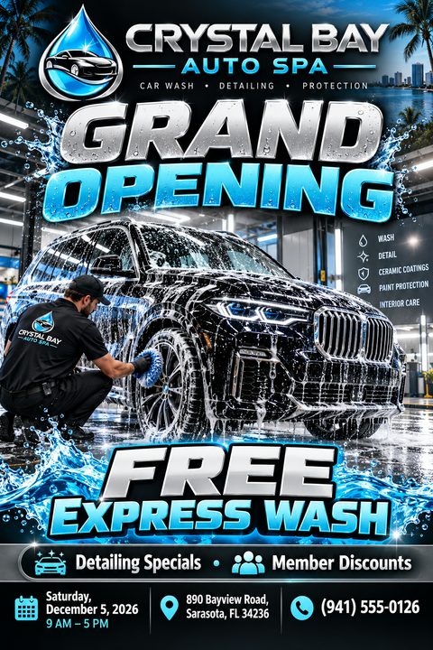 A dynamic car wash grand opening flyer featuring a black SUV covered in soap suds being washed by an attendant. Bold metallic text and water splash graphics highlight the event details and special offers.